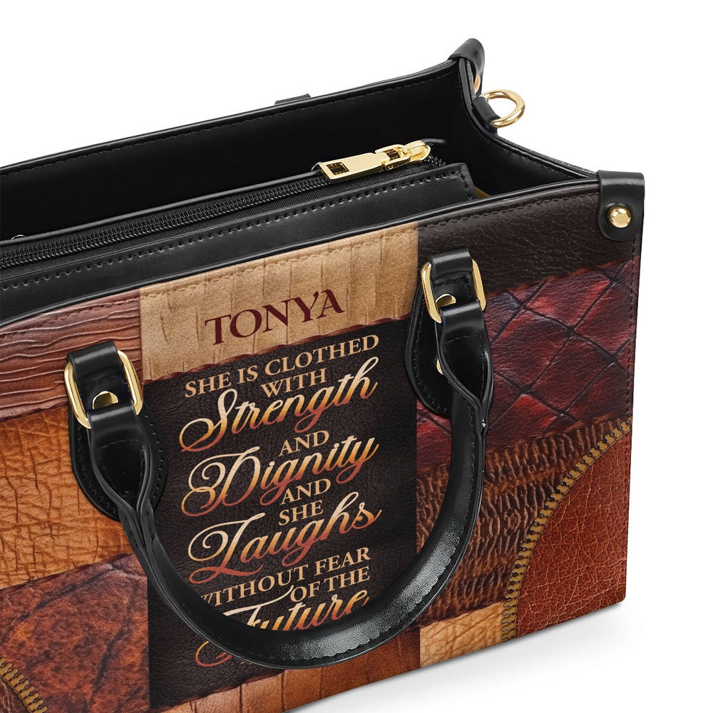 Personalized Christian Leather Bag, She Is Clothed With Strength And Dignity And She Laughs Without Fear Of The Future Leather Handbag, Faith Handbag