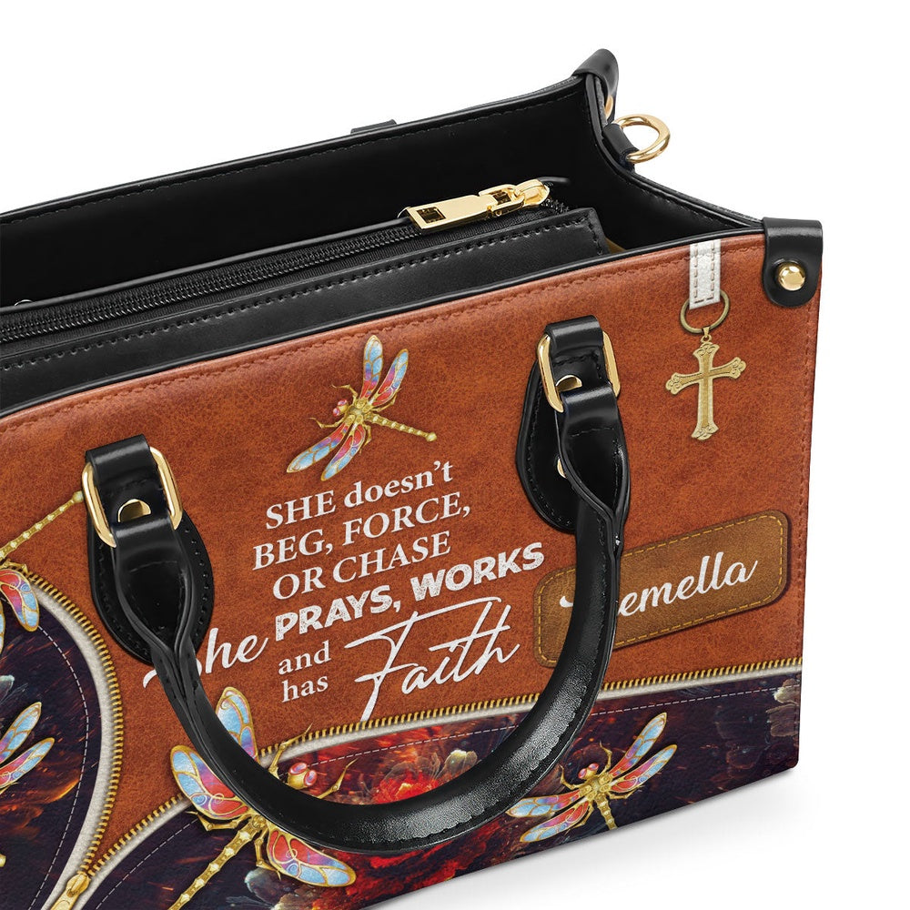 Personalized Christian Leather Bag, She Prays, Works, And Has Faith - Pretty Personalized Dragonfly Leather Handbag, Faith Handbag