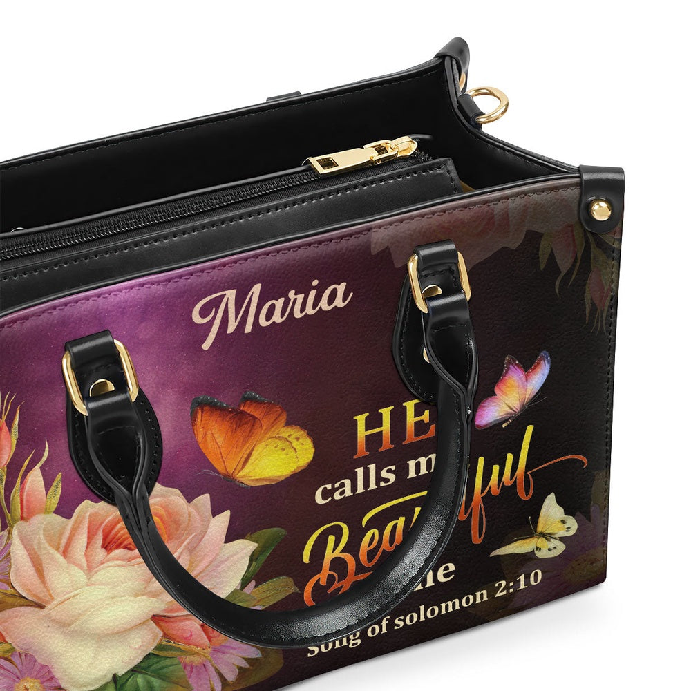 Personalized Christian Leather Bag, Solomon 210 Flower And Butterfly He Calls Me Beautiful One Leather Handbag, Faith Handbag