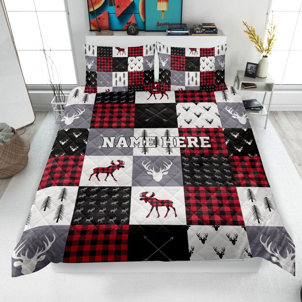 Personalized Christmas Deer Quilt Set, Red Buffalo Plaid Quilt Blanket & Pillowcases, Elk Quilt Bedding Set