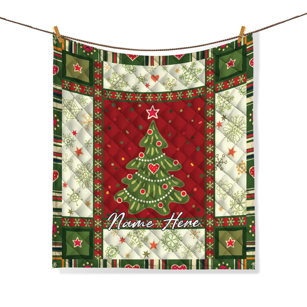 Personalized Christmas Patchwork Quilt Set, Xmas Tree Quilt Blanket & Pillowcases