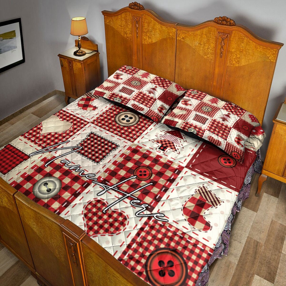 Personalized Christmas Quilt Set, Christmas Patchwork Red Xmas Winter Quilt Blanket