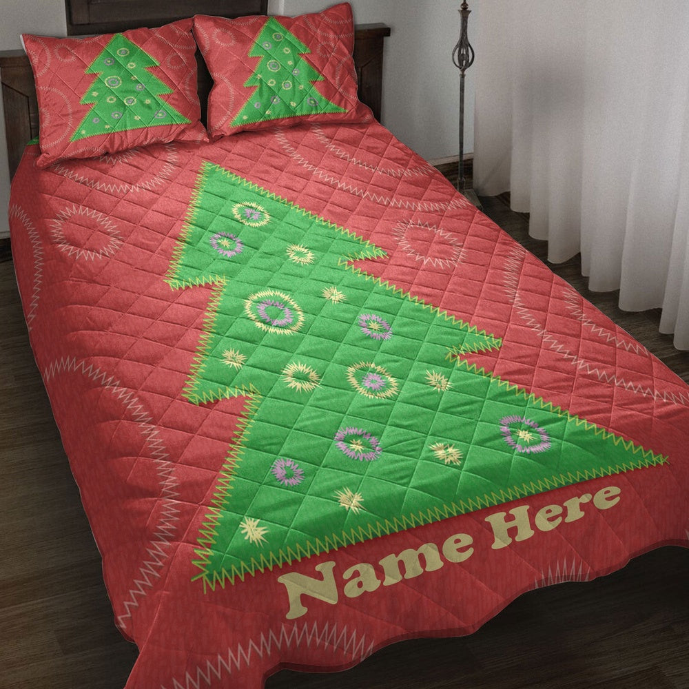 Personalized Christmas Quilt Set, Christmas Tree Patchwork Style Quilt Blanket