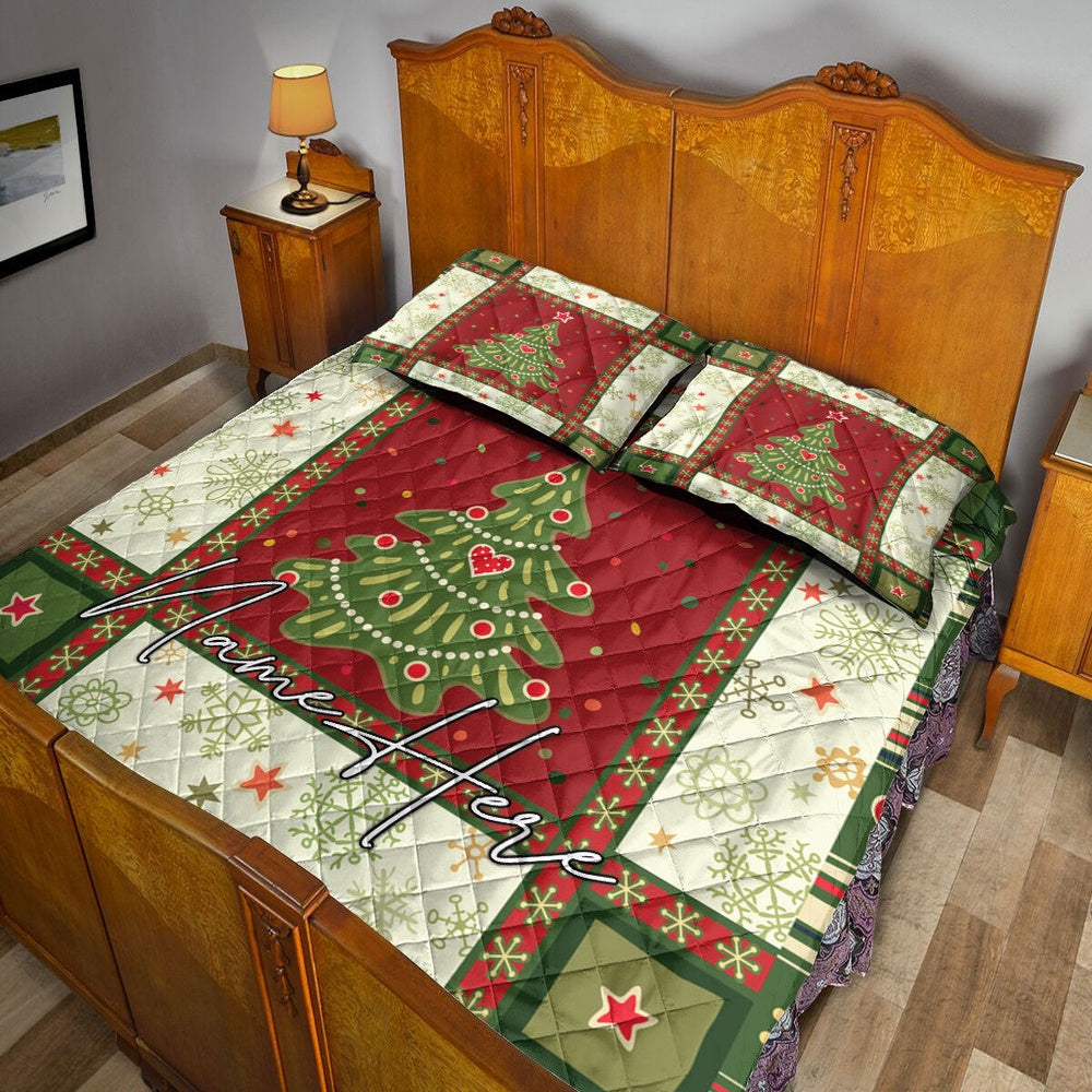 Personalized Christmas Quilt Set, Christmas Tree Snowflakes Patchwork Quilt Blanket