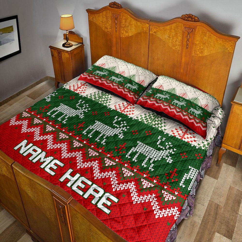 Personalized Christmas Quilt Set, Christmas Ugly Sweater Xmas Tree Reindeer Quilt Blanket