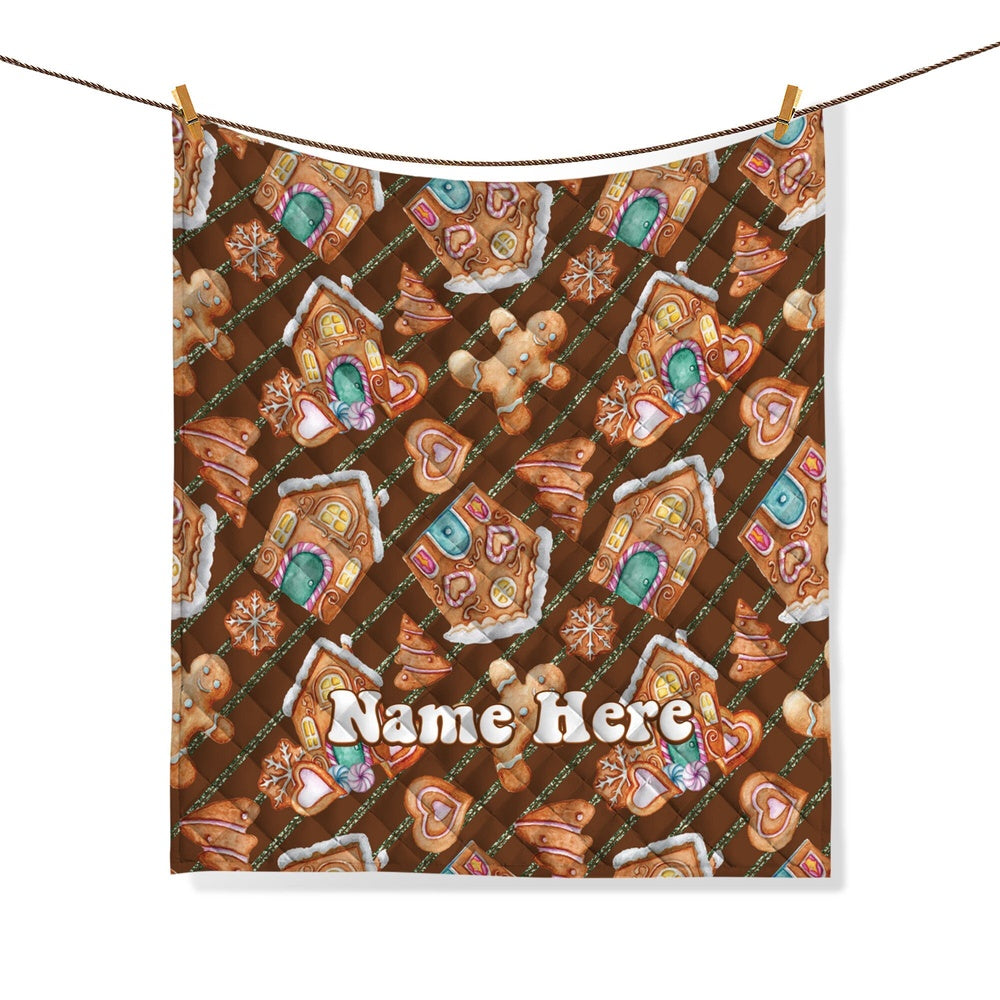 Personalized Christmas Quilt Set, Xmas Gingerbread Quilt Blanket & Pillowcases