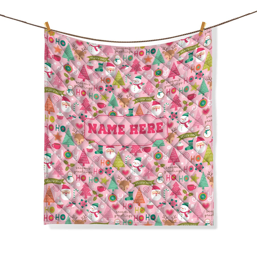Personalized Christmas Quilt Set, Xmas Holiday Pink Pattern Quilt Blanket & Pillowcases