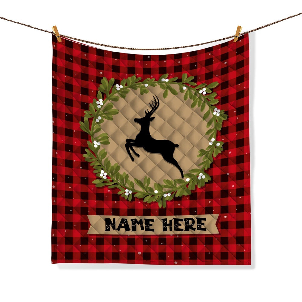 Personalized Christmas Quilt Set, Xmas Red Buffalo Plaid Pattern Quilt Blanket & Pillowcases