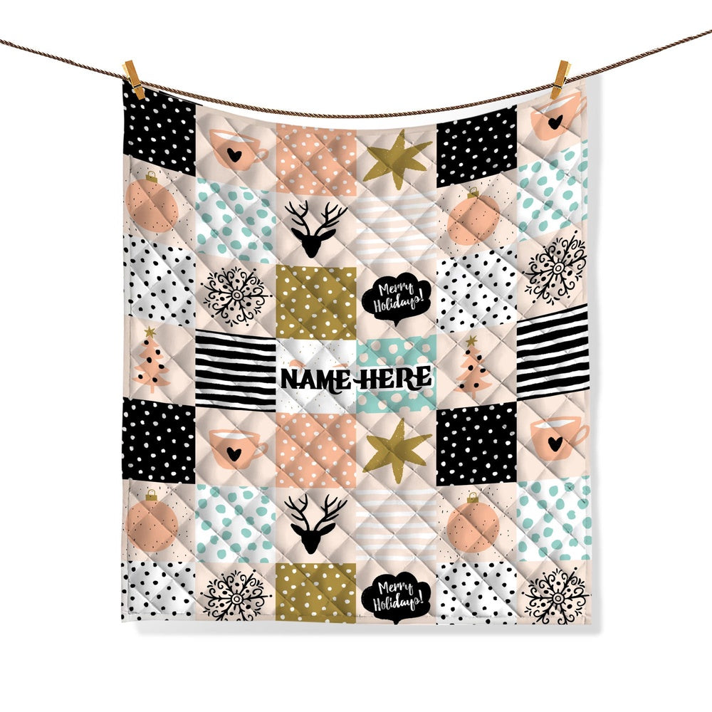 Personalized Christmas Quilt Set, Xmas Reindeer Holiday Pattern Quilt Blanket & Pillowcases