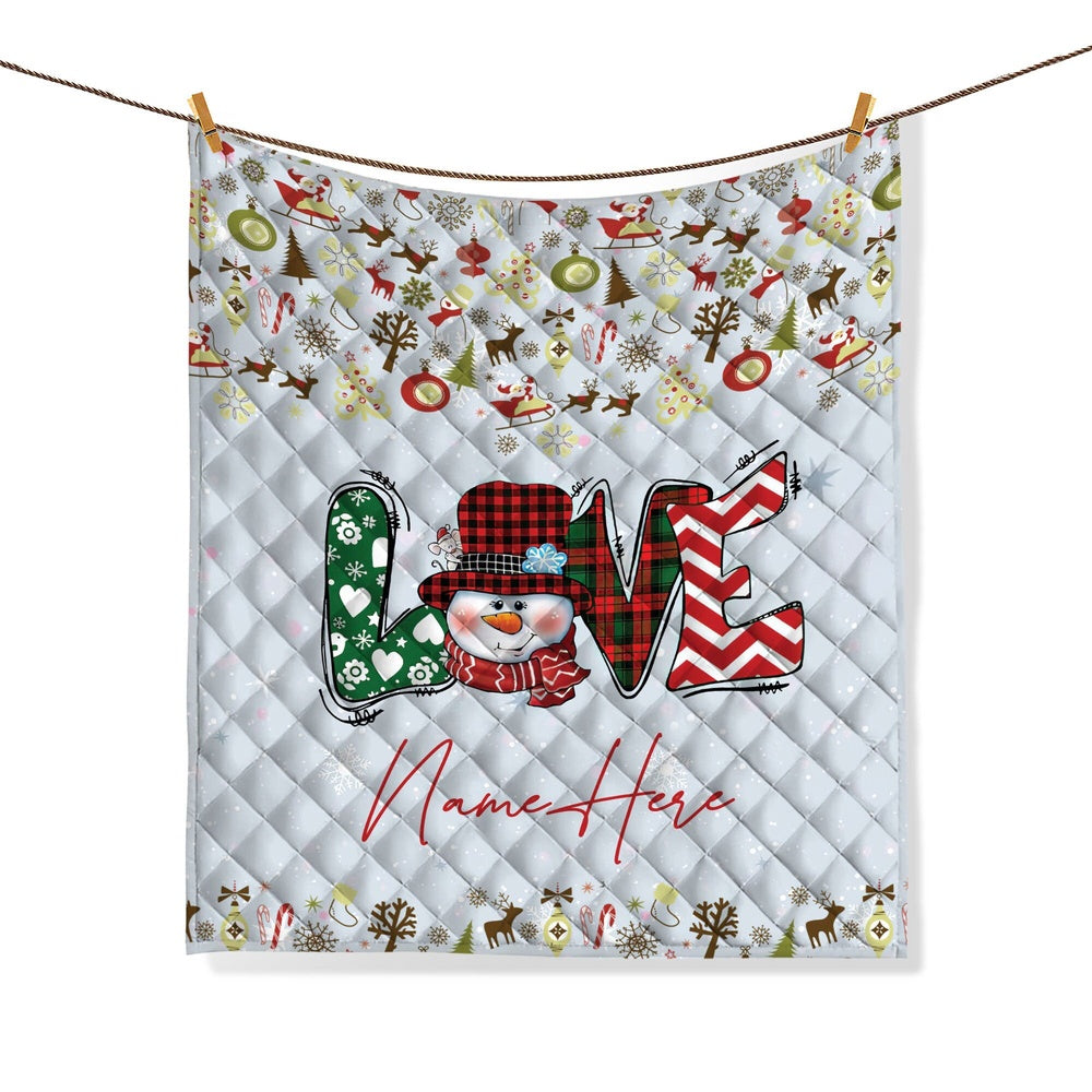 Personalized Christmas Quilt Set, Xmas Snowman Quilt Blanket & Pillowcases, Gift For Grandma, Mom