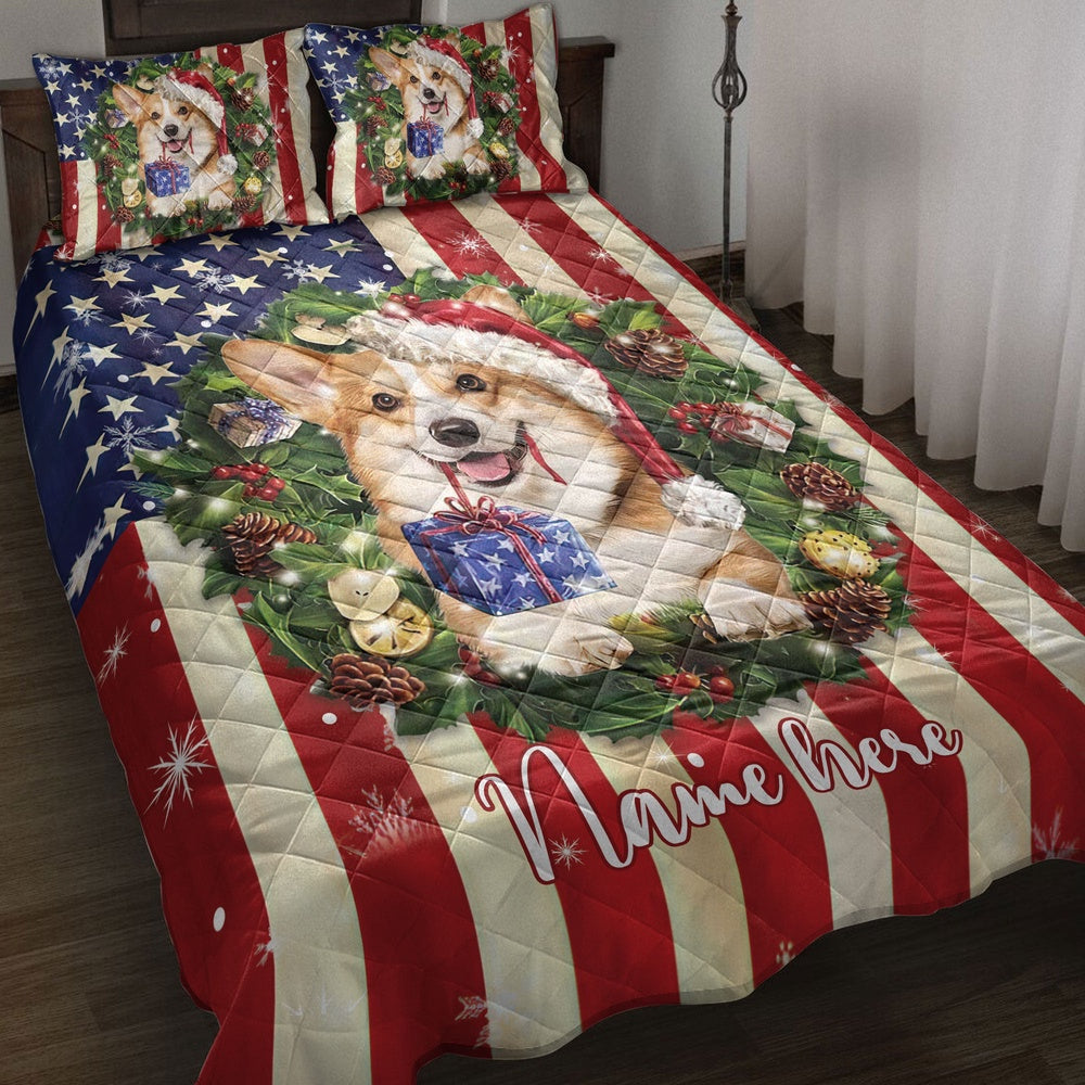 Personalized Corgi Quilt Set, Corgi Wearingmas Hat Wreath Quilt Blanket