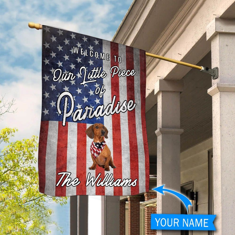 Personalized Dog Flags, Dachshund Smiling Welcome To Our Paradise Flag, Dog Flags Outdoor, Garden Flags Dogs, Dog House Flags