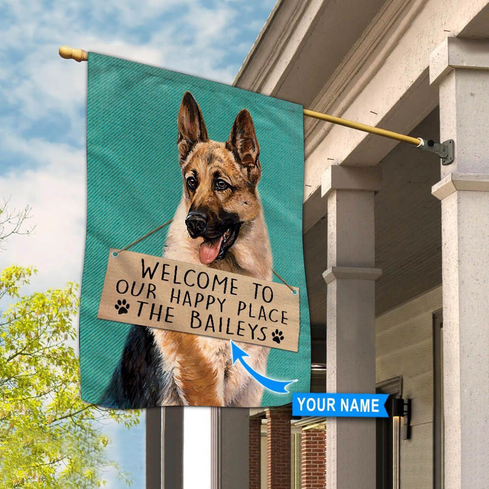 Personalized Dog Flags, German Shepherd Welcome To Our Happy Place Flag, Custom Dog Garden Flags, Dog Flags Outdoor, Dog House Flags