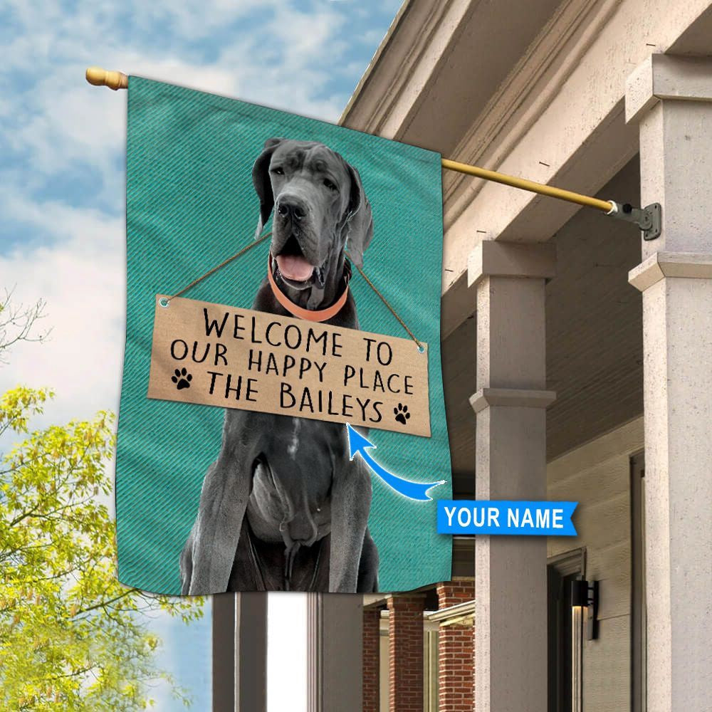 Personalized Dog Flags, Great Dane Welcome To Our Happy Place Flag, Custom Dog Garden Flags, Dog Flags Outdoor, Garden Flags Dogs, Dog House Flags