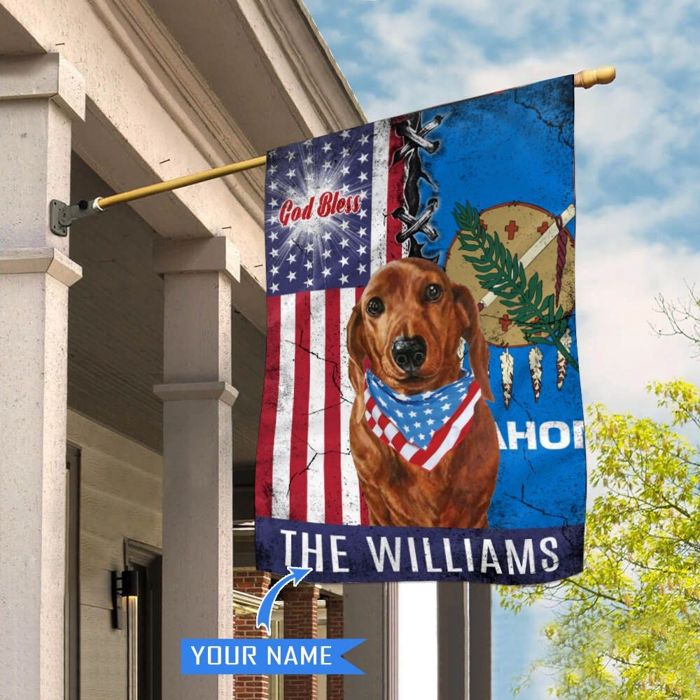 Personalized Dog Flags, Oklahoma Dachshund God Bless House Flag, Garden Flags Dogs, Dog House Flags