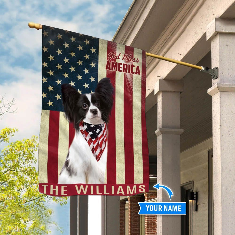 Personalized Dog Flags, Papillon God Bless America Flag, Garden Flags Dogs, Dog House Flags