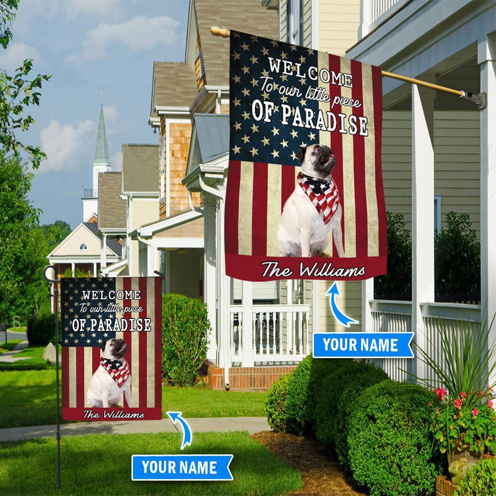 Personalized Dog Flags, Pug Welcome To Our Paradise Flag, Dog Flags Outdoor, Garden Flags Dogs, Dog House Flags
