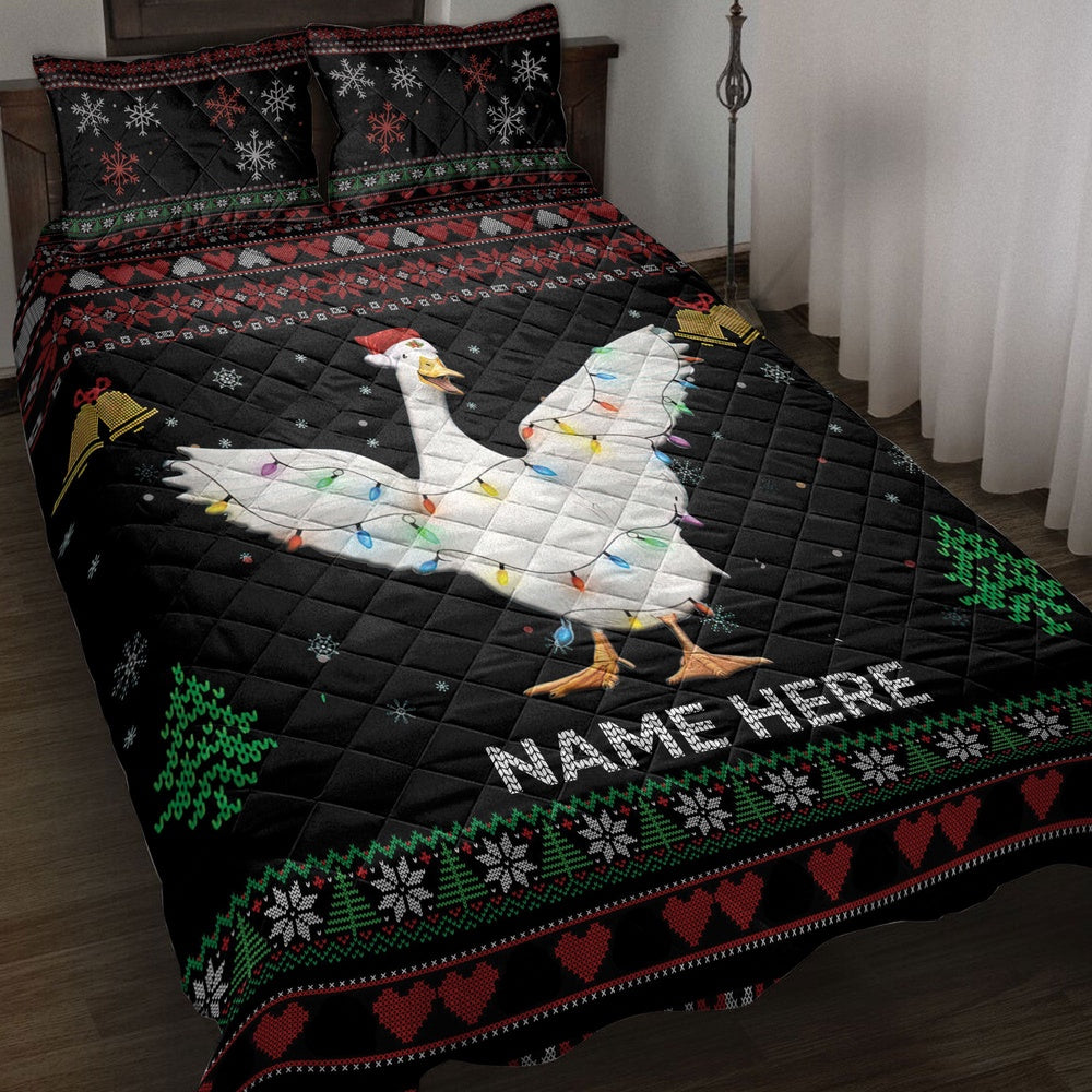 Personalized Duck Quilt Set, Duckmas Hat String Lights Quilt Blanket