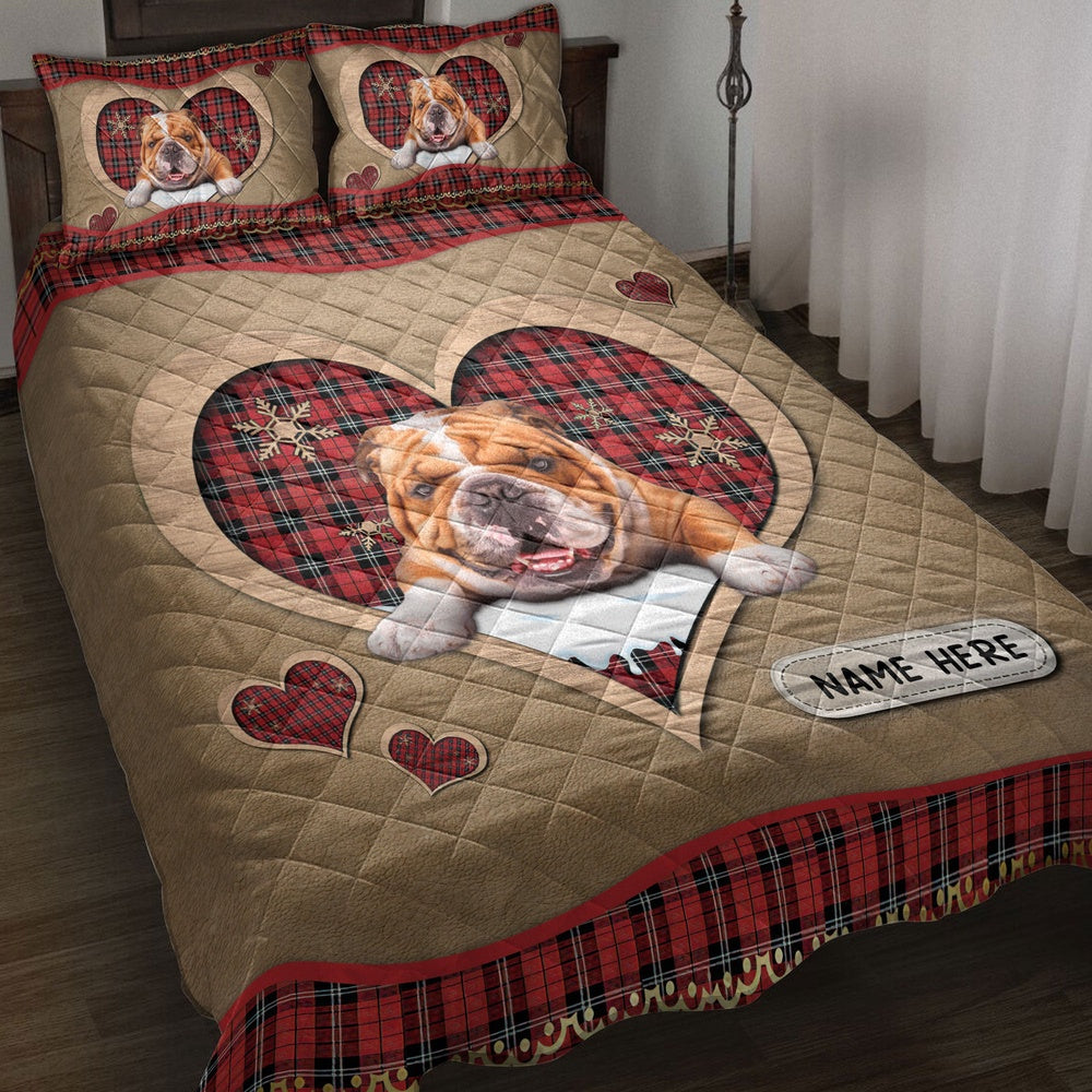 Personalized English Bulldog Quilt Set, English Bulldogmas Heart Red Plaid Quilt Blanket