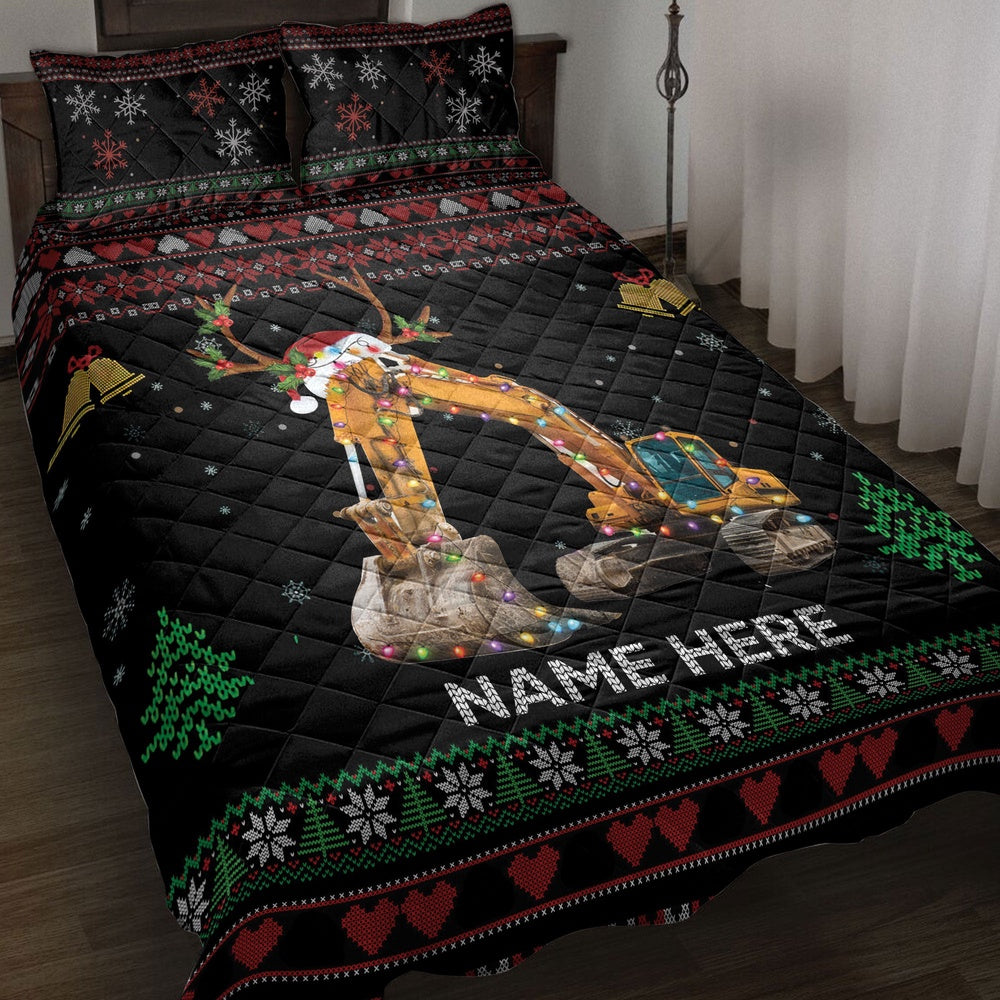 Personalized Excavator Quilt Set, Excavatormas Hat With String Light Quilt Blanket
