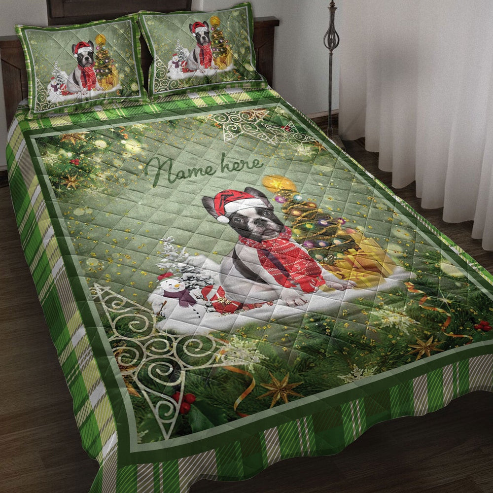Personalized French Bulldog Quilt Set, French Bulldogmas Tree String Lights Quilt Blanket