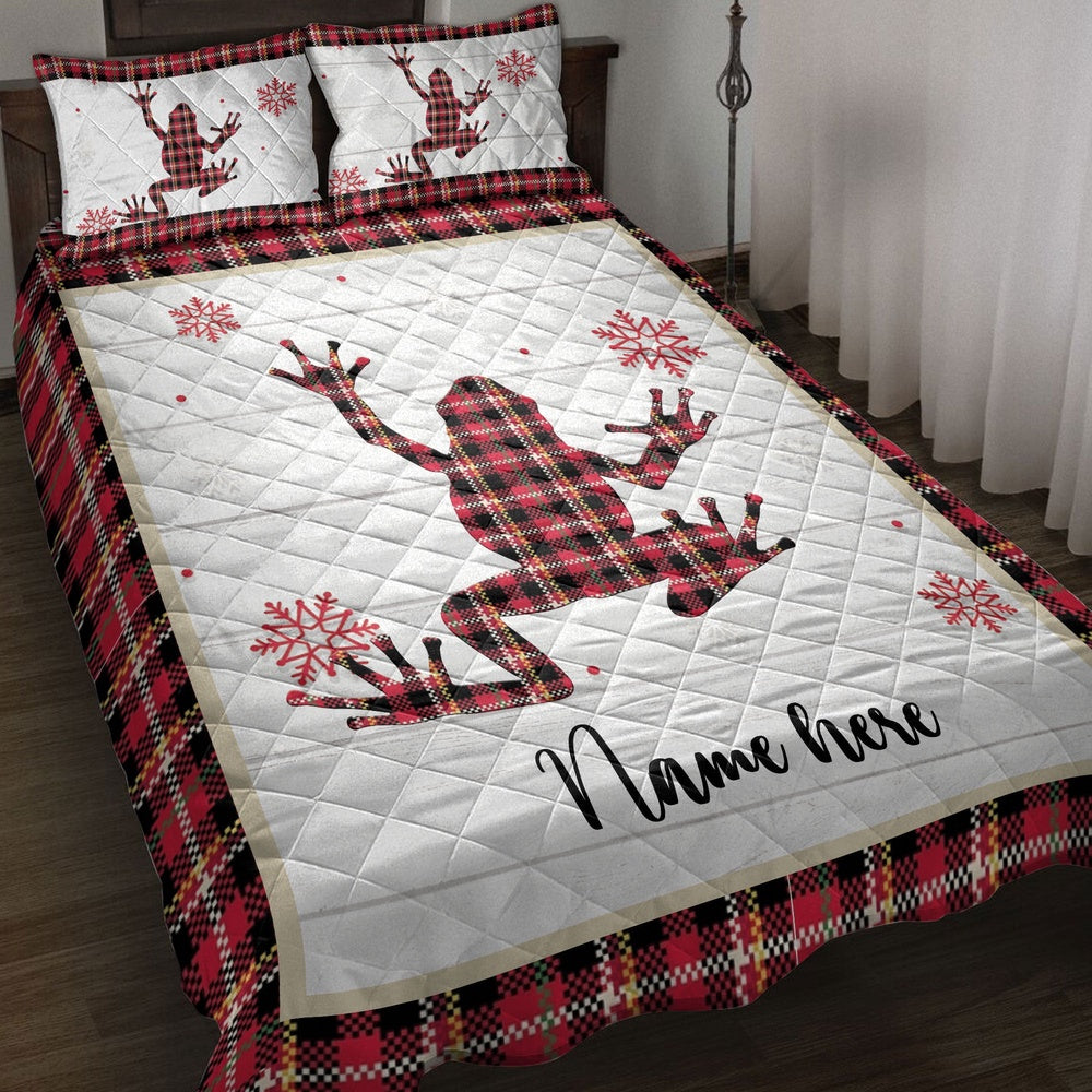 Personalized Frog Quilt Set, Christmas Frog Snowflake Red Plaid Quilt Blanket