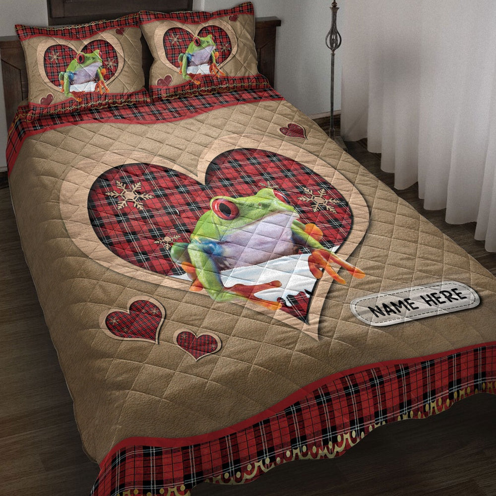 Personalized Frog Quilt Set, Frogmas Heart Red Plaid Quilt Blanket