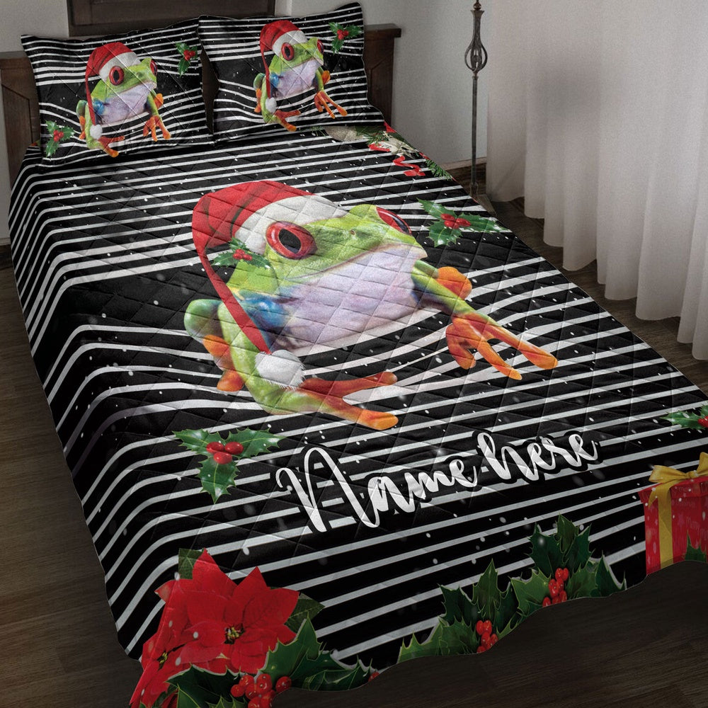Personalized Frog Quilt Set, Frogmas Striped With Santa Hat Quilt Blanket