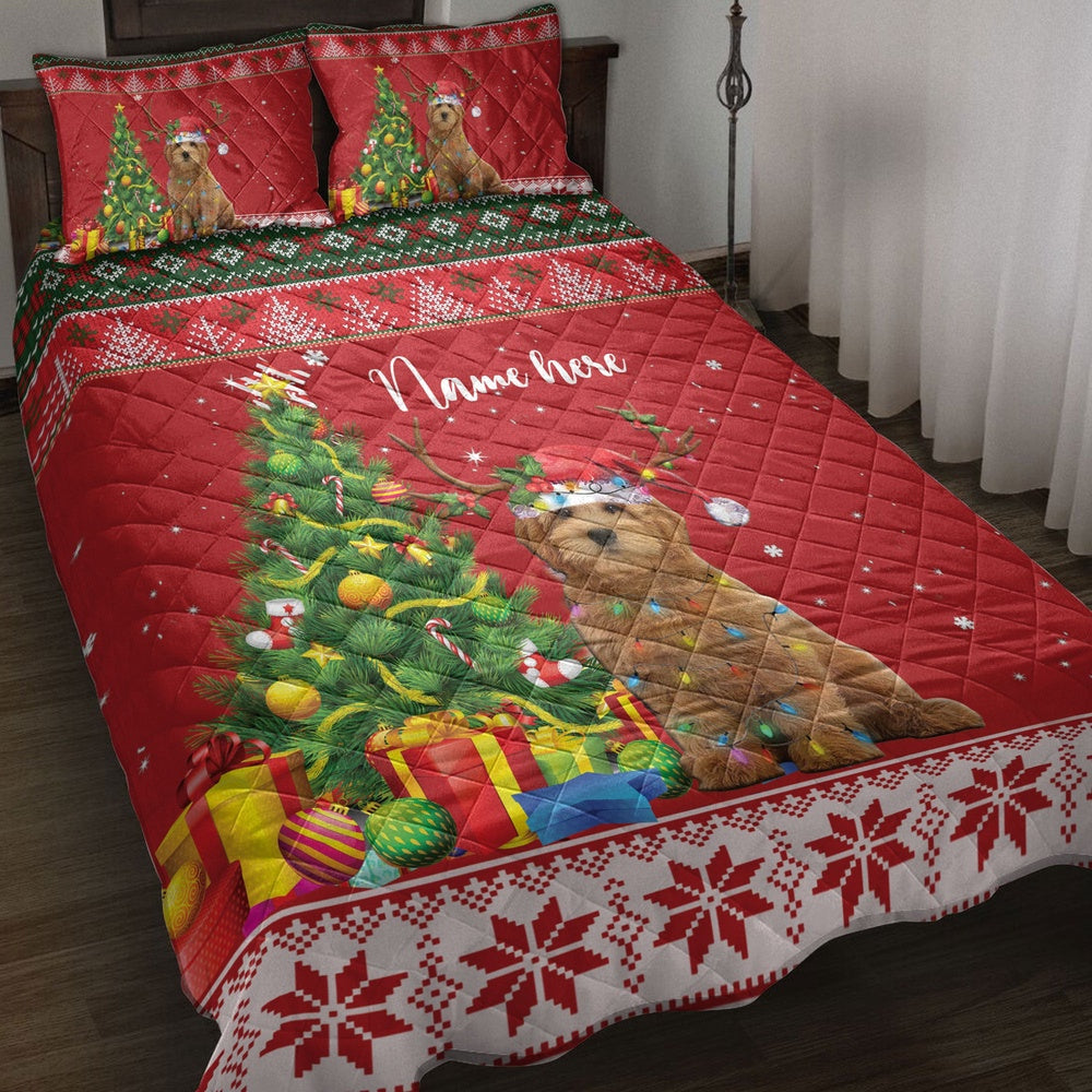 Personalized Goldendoodle Quilt Set, Goldendoodlemas Tree String Light Quilt Blanket