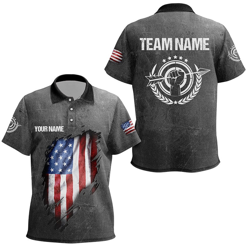 Personalized Grunge US Archery Polo Shirts Custom American Flag Shirts For Patriotic Archers, Archery Team Shirts, Custom Archery Shirts