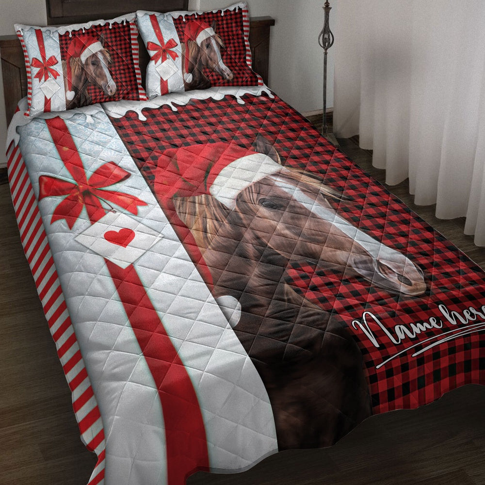 Personalized Horse Quilt Set, Horse Santa Hat Withmas Letter Quilt Blanket