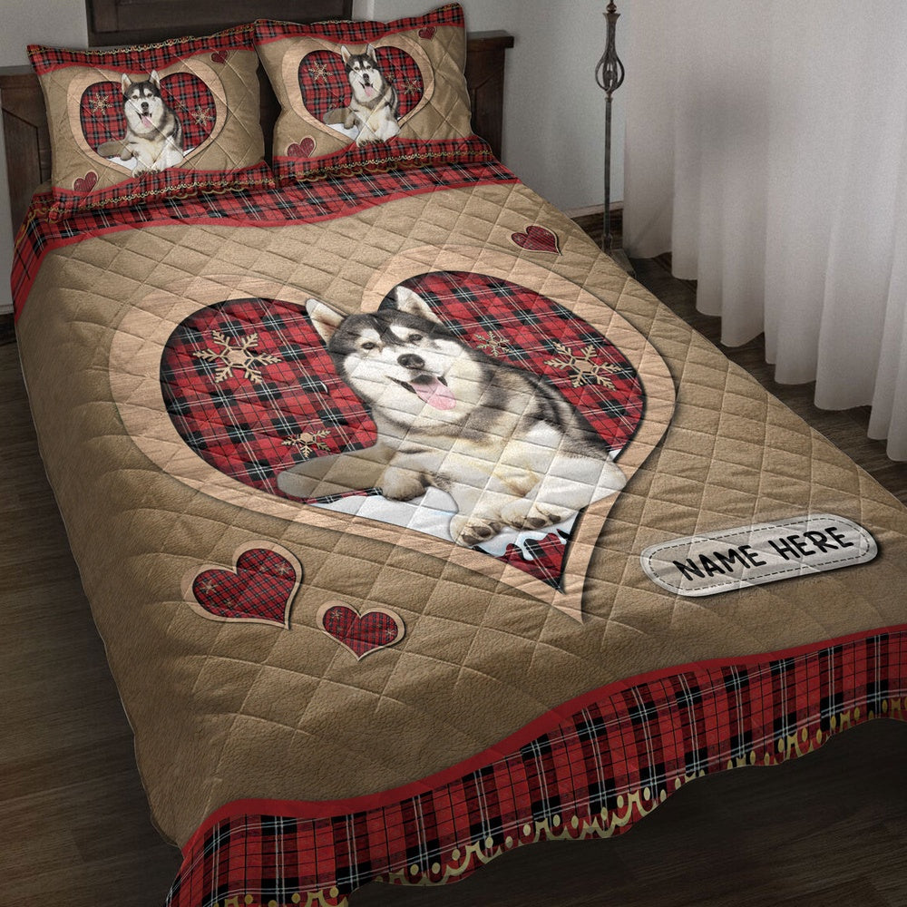Personalized Husky Quilt Set, H Usky Sibirmas Heart Red Plaid Quilt Blanket