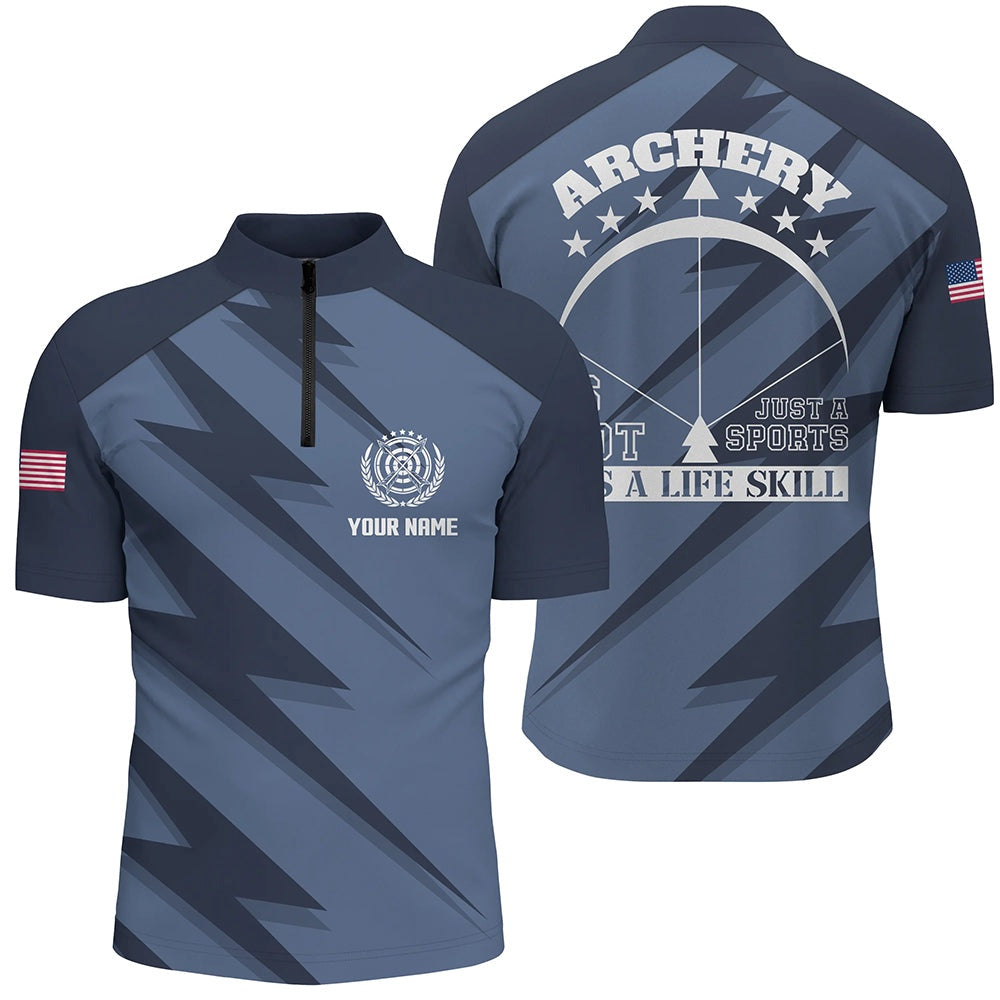Personalized Its A Life Skill Archery Quarter-Zip Shirts For Men Custom Blue US Flag Archery Shirts, Archery Team Shirts, Custom Archery Shirts