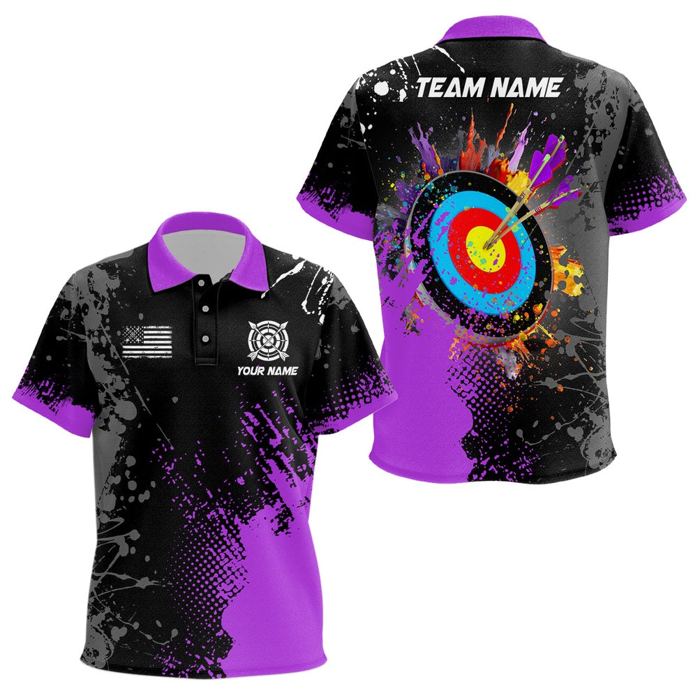 Personalized Paint Purple Target Archery Polo Shirts Custom Name Archery Jerseys Attire, Archery Team Shirts, Custom Archery Shirts