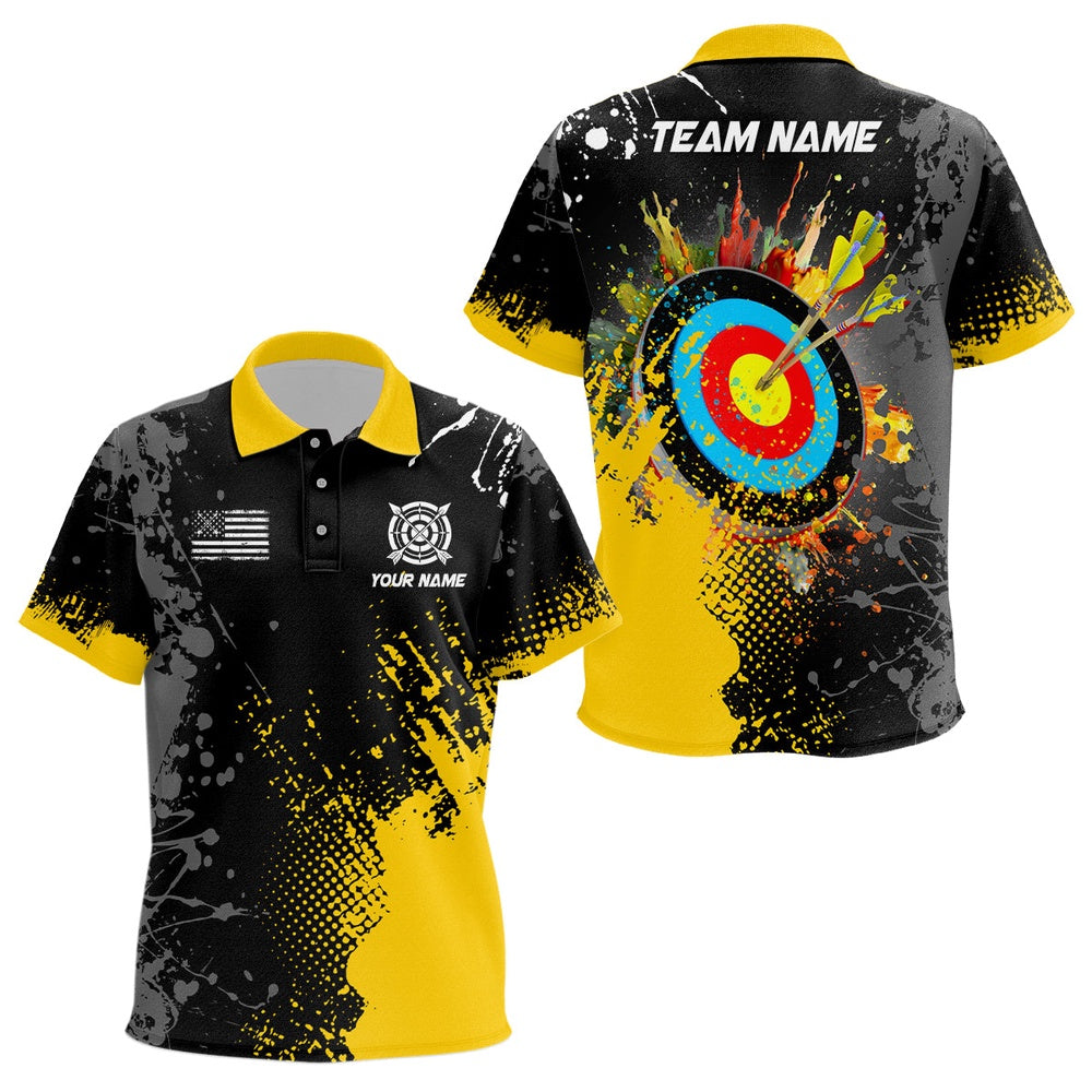 Personalized Paint Yellow Target Archery Polo Shirts Custom Name Archery Jerseys Attire, Archery Team Shirts, Custom Archery Shirts