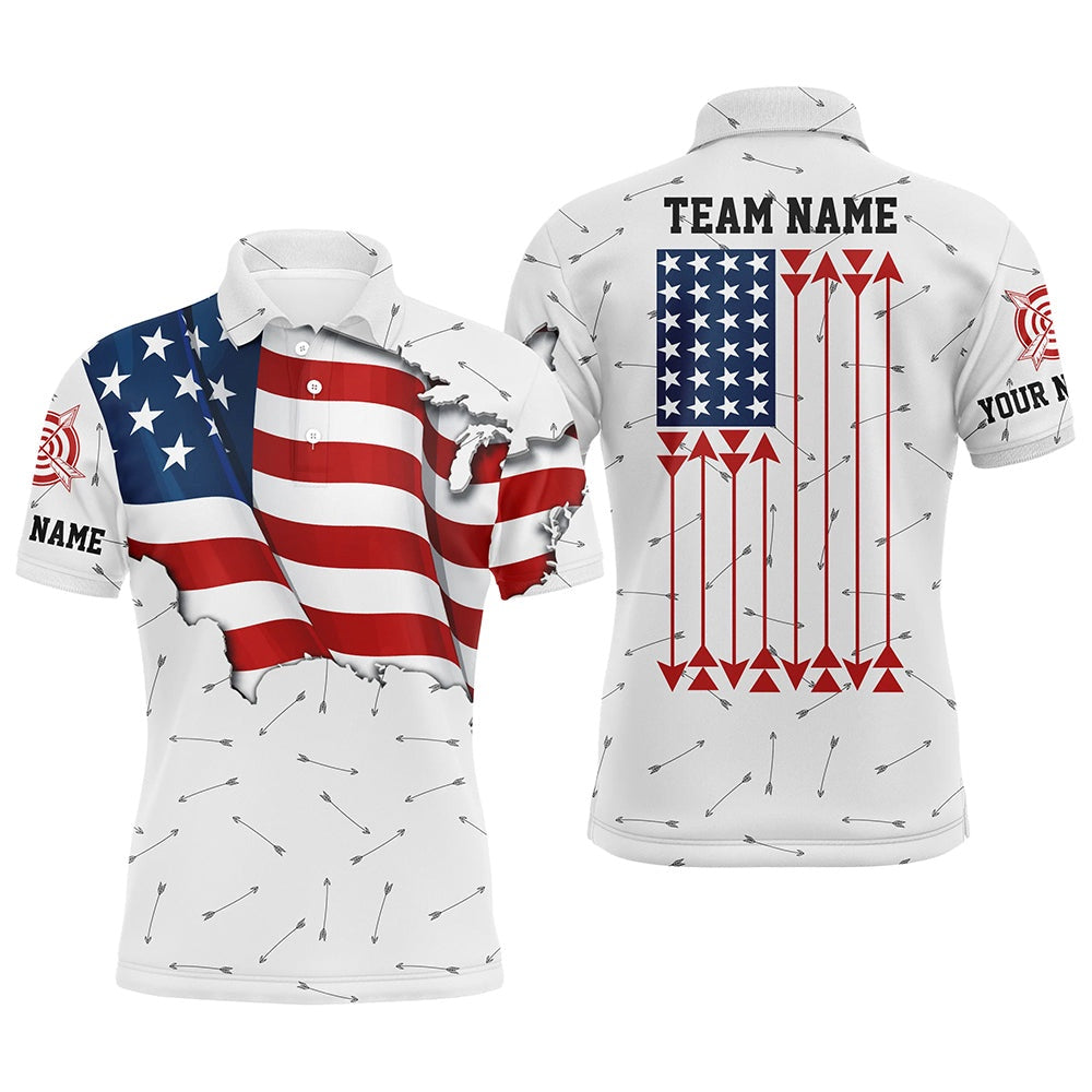 Personalized Patriotic USA Flag Archery Men Polo Shirts Custom Name Archery Team Uniform Shirts, Archery Team Shirts, Custom Archery Shirts