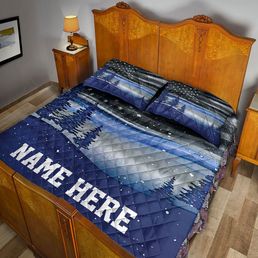 Personalized Police Quilt Set, Christmas Thin Blue Line Police Xmas Quilt Blanket