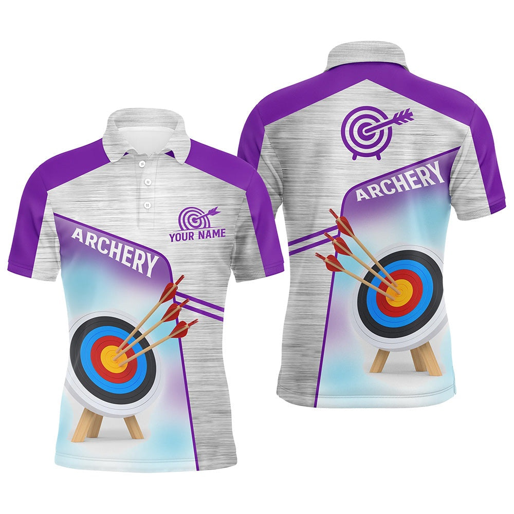 Personalized Purple Grey Target Archery Polo Shirts For Men, Custom Name Archery Jerseys, Archery Team Shirts, Custom Archery Shirts