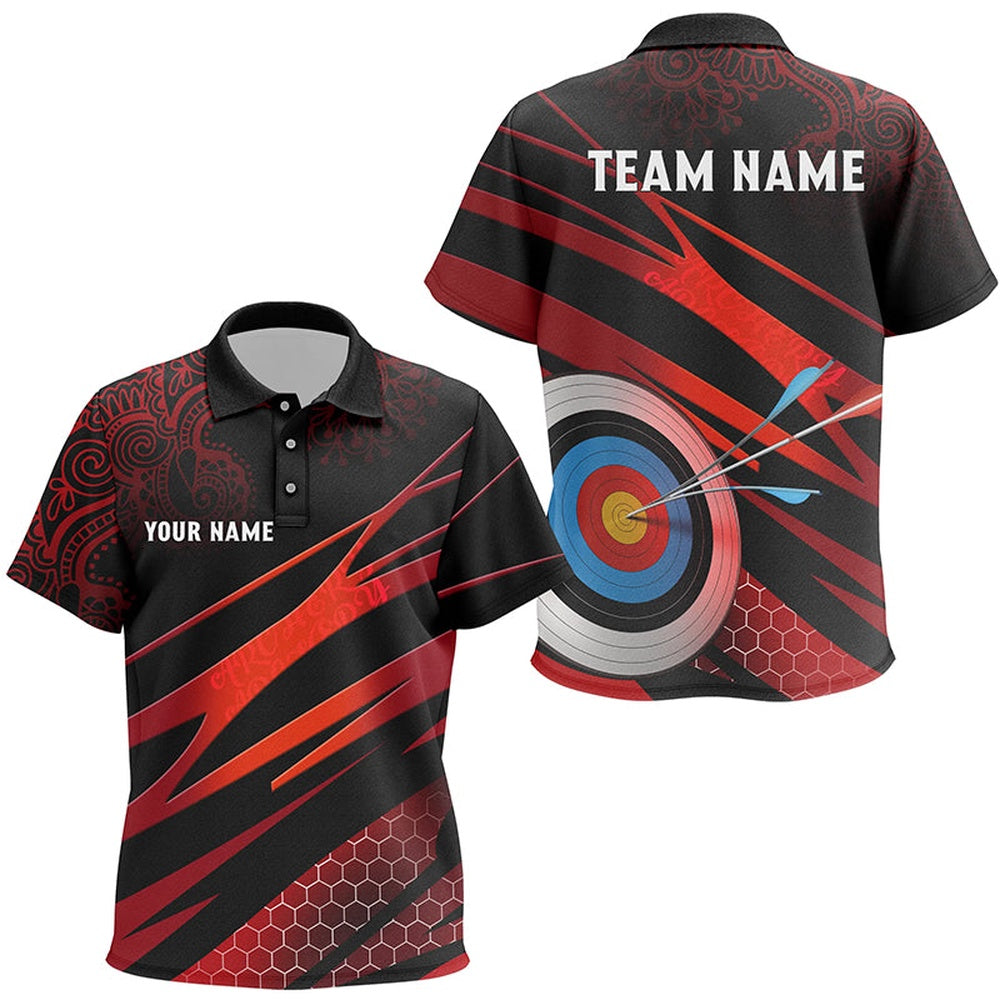 Personalized Red Black Target Archery Polo Shirts, Custom Tribal Pattern Archery Shirts, Archery Team Shirts, Custom Archery Shirts
