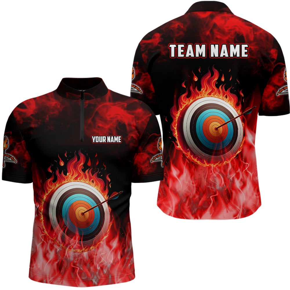 Personalized Red Flaming Target Archery Quarter-Zip Shirts For Men, Bow Arrow Archery Jerseys, Archery Team Shirts, Custom Archery Shirts
