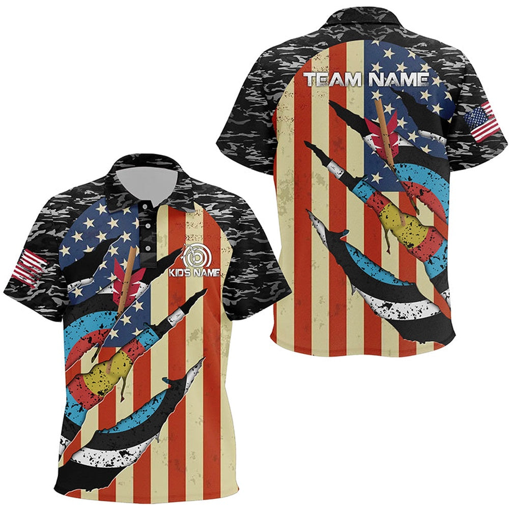 Personalized Retro Camo Target Archery Polo Shirts, Custom US Flag Archery Jerseys, Archery Team Shirts, Custom Archery Shirts