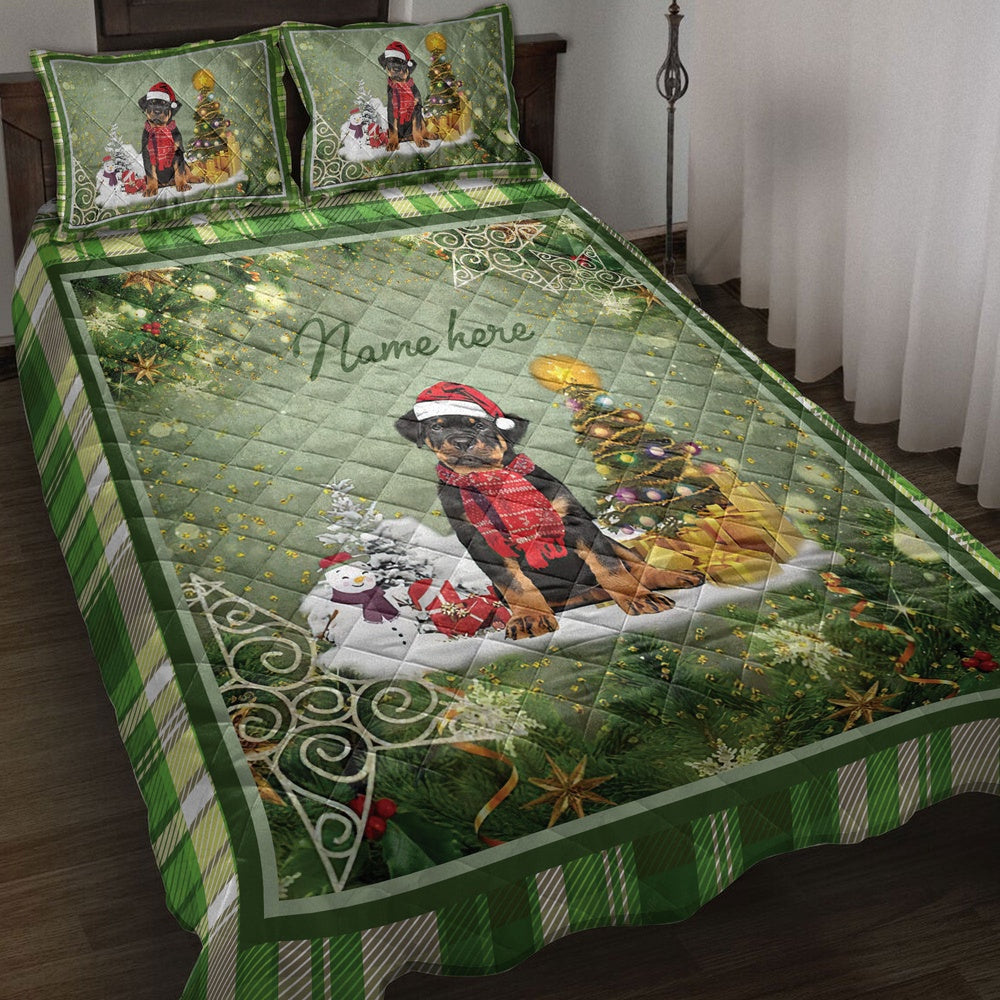 Personalized Rottweiler Quilt Set, Rottweilermas Tree String Lights Quilt Blanket