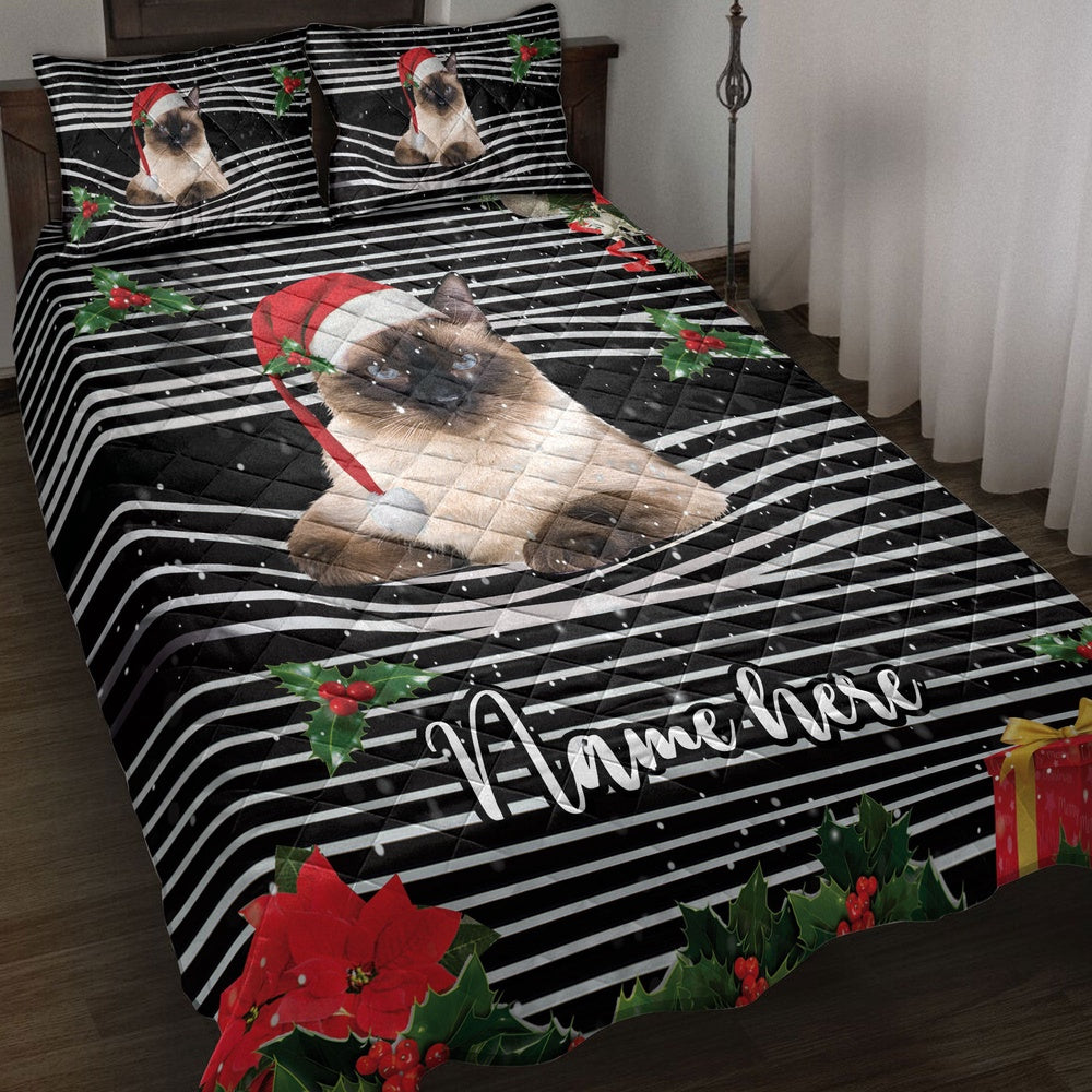 Personalized Siamese Quilt Set, Siamesemas Striped With Santa Hat Quilt Blanket