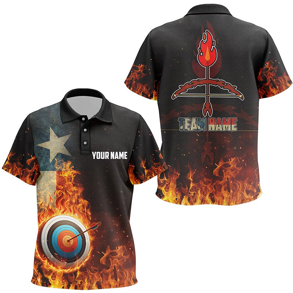 Personalized Texas Flag Flaming Target Archery Polo Shirts, Fire Arrow Archery Jerseys, Archery Team Shirts, Custom Archery Shirts