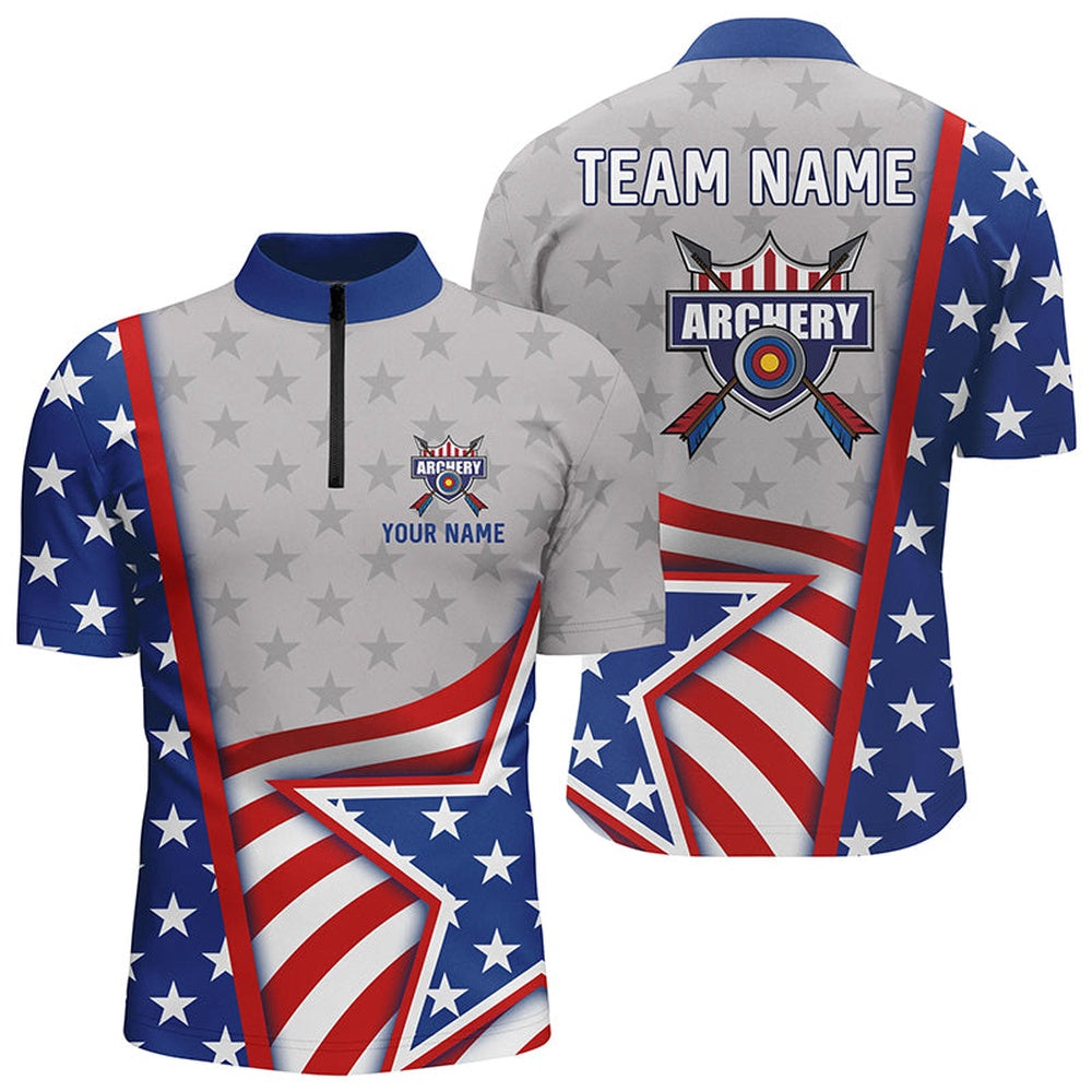 Personalized USA Flag Archery Men Quarter-Zip Shirts Custom Team Name Archery Jerseys, Archery Team Shirts, Custom Archery Shirts