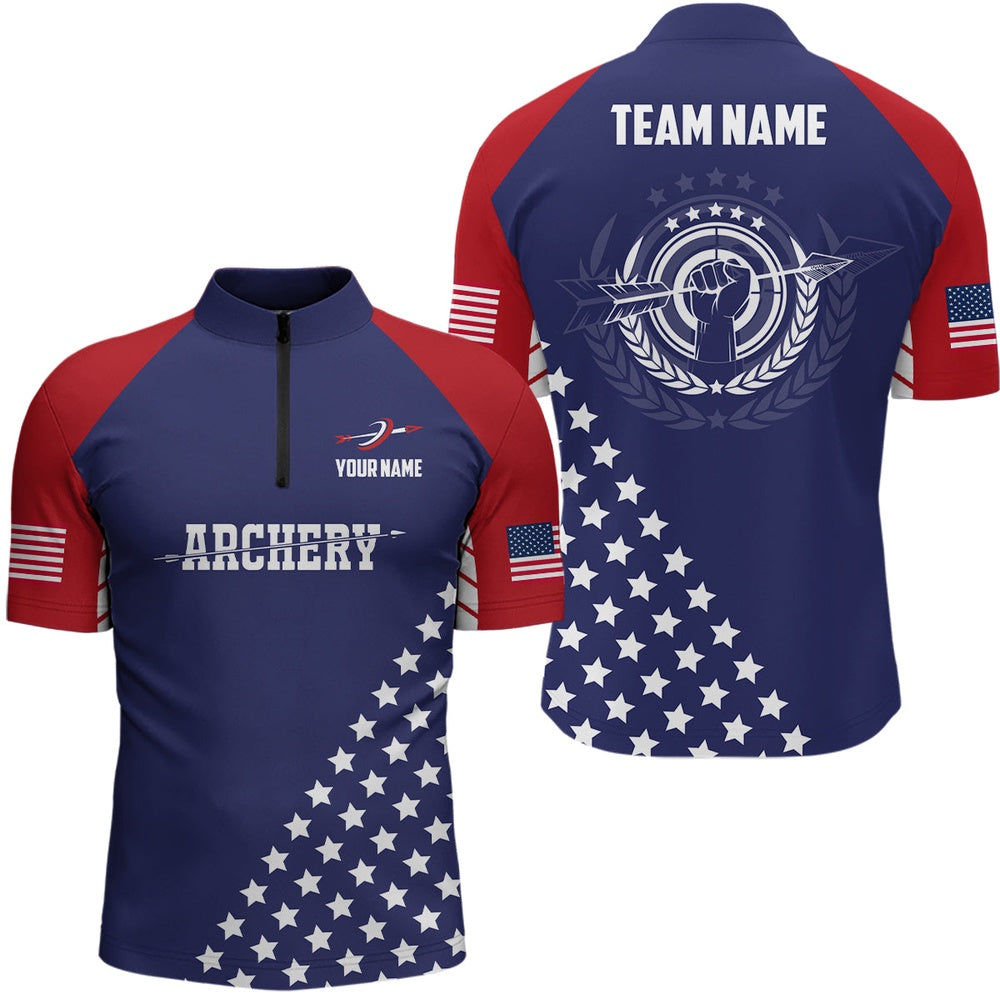Personalized US Archery Men Quarter-Zip Shirts, American Flag Archery Jerseys For Team, Archery Team Shirts, Custom Archery Shirts
