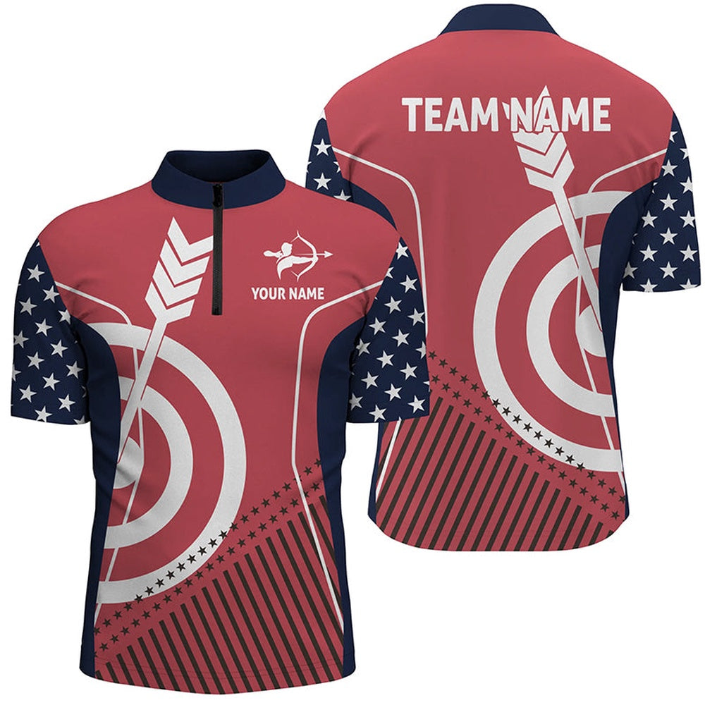 Personalized US Flag Archery Quarter-Zip Shirts For Men Custom Patriotic Gifts For Archers, Archery Team Shirts, Custom Archery Shirts