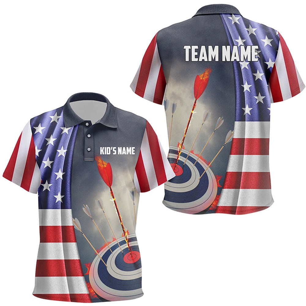 Personalized US Flag Patriotic Archery Polo Shirts, Flaming Arrow Target Archery Shirts, Archery Team Shirts, Custom Archery Shirts