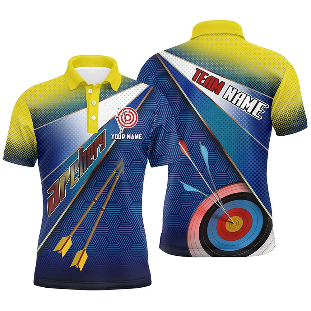 Personalized Yellow Blue Target Archery Polo Shirts For Men, Custom Arrows Archery Team Shirts, Archery Team Shirts, Custom Archery Shirts