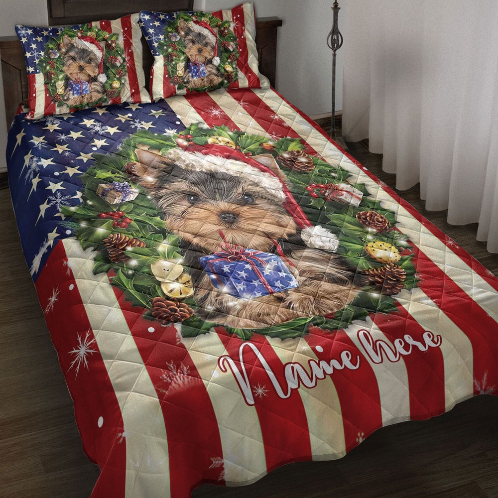 Personalized Yorkshire Quilt Set, Yorkshire Terrier Wearingmas Hat Quilt Blanket